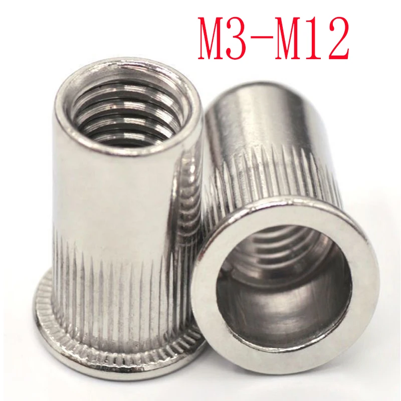 M3 M4 M5 M6 M8 M10 M12 304 Stainless Steel Rivnut Flat Head Threaded Nut Vertical Stripe Rivets Insert Nutsert Cap Rivet Nuts