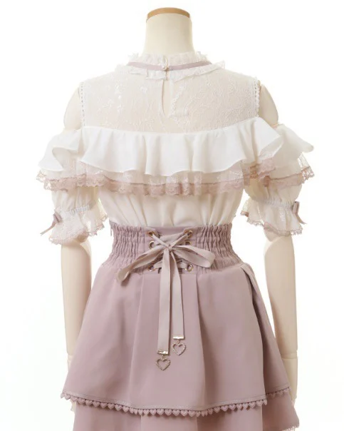 Liz Japanese Mass-Produced Mine Off-Shoulder Lace Ruffle Color-Block Bow Shirt Short Sleeve Tops Spring Summer Lolita Blouses