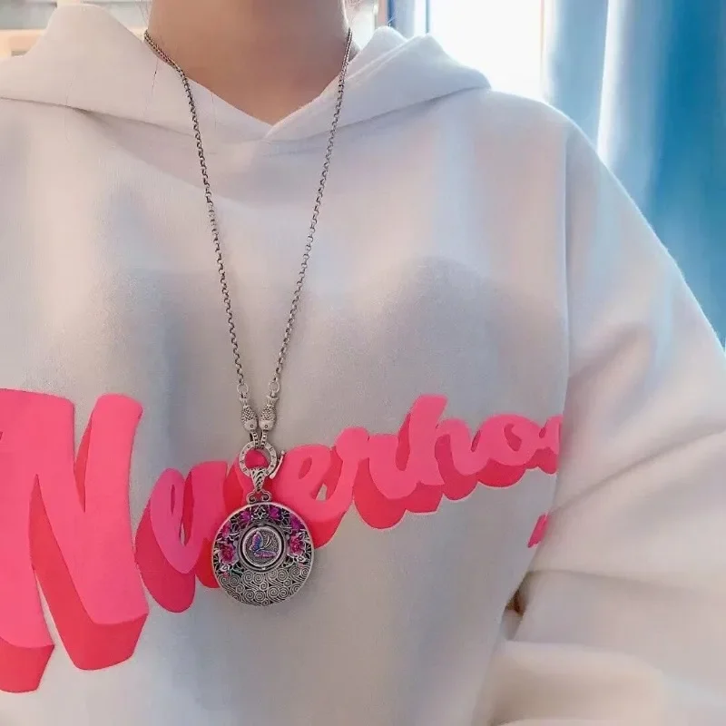 925 Silver Archaic Rhyme Pink Purple Flower Butterfly Pendant Enamel Round Necklace for Women Chinese Style Accessories Jewelry