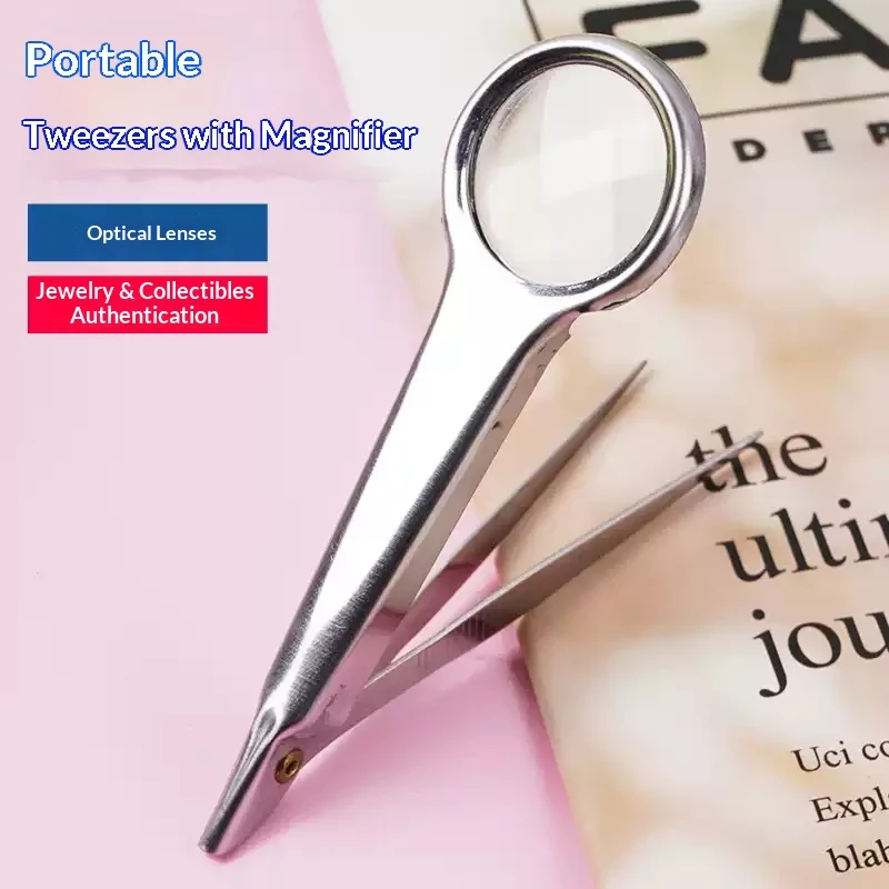 Foldable 6 Times Magnifying Tweezers Portable Jewelry Diamond Cutter Stamp Eyebrow Blackhead Inspection Tool
