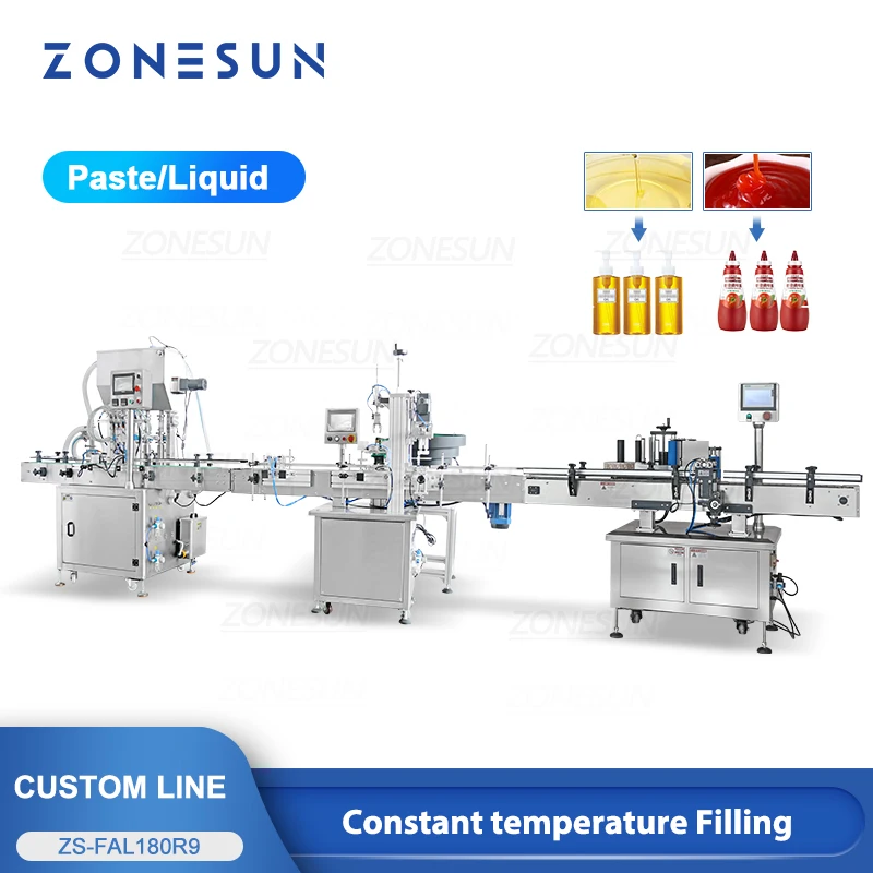 ZONESUN خط إنتاج مخصص معجون السائل التدفئة ملء الشد السد آلة وضع العلامات على الزجاجات المستديرة ZS-FAL180R9/ZS-DPCL1