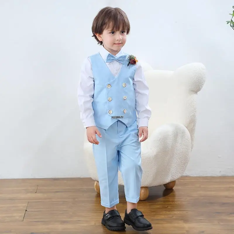 

Kids Beaufitul Photograph Suit Baby Boys 1 Year Vest Pants Flower Bowtie 4PCS Birthday Dress Children Formal Wedding Tuxedo Set