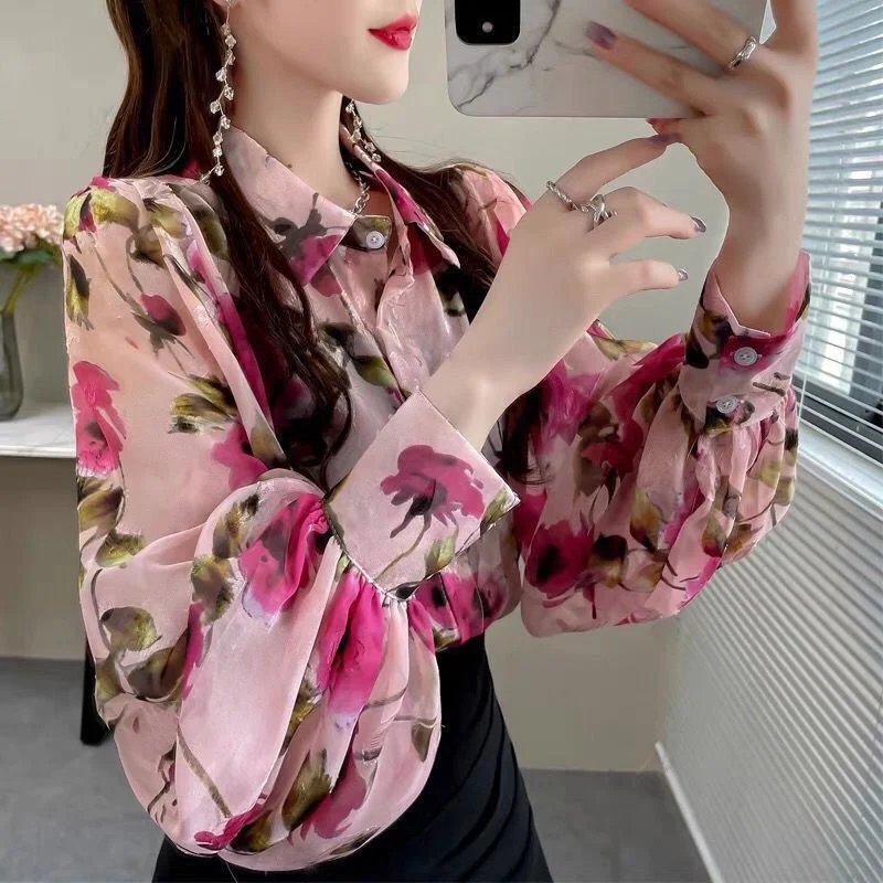 

Floral Print Long Sve Women's irt Spring Summer New Sle Retro Hong Kong Design Lantern Sve Sun Protection Top