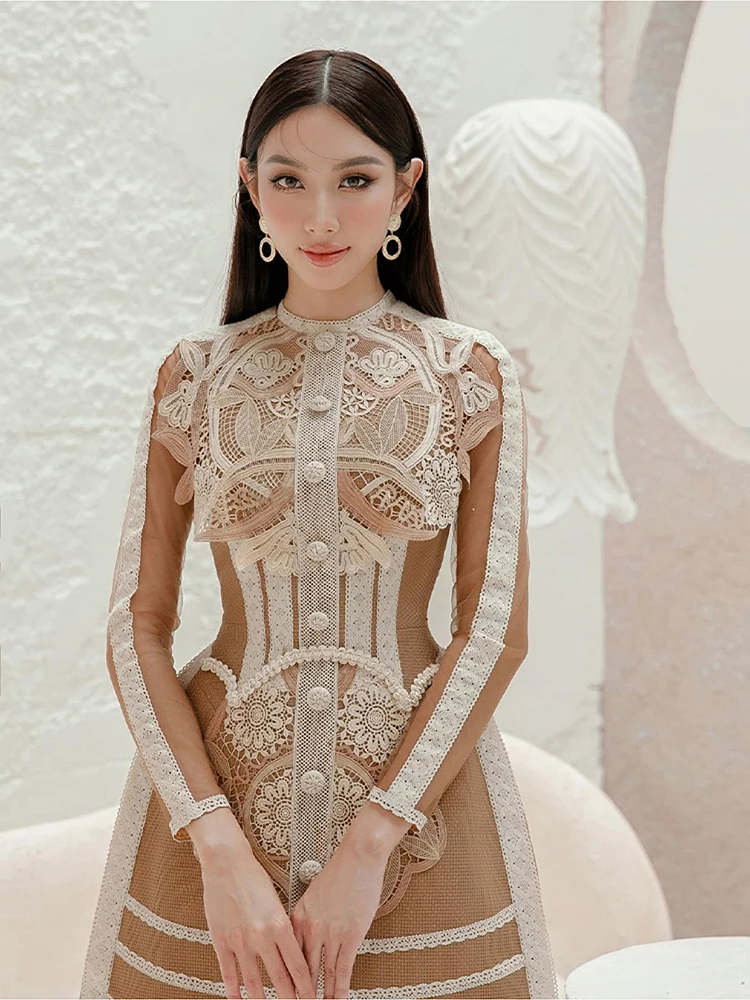 Elegant Embroidery Lace Splicing Dresses Spring Women Long Sleeves O Neck Mini Dress Autumn High Waist Zipper A Line Short Dress