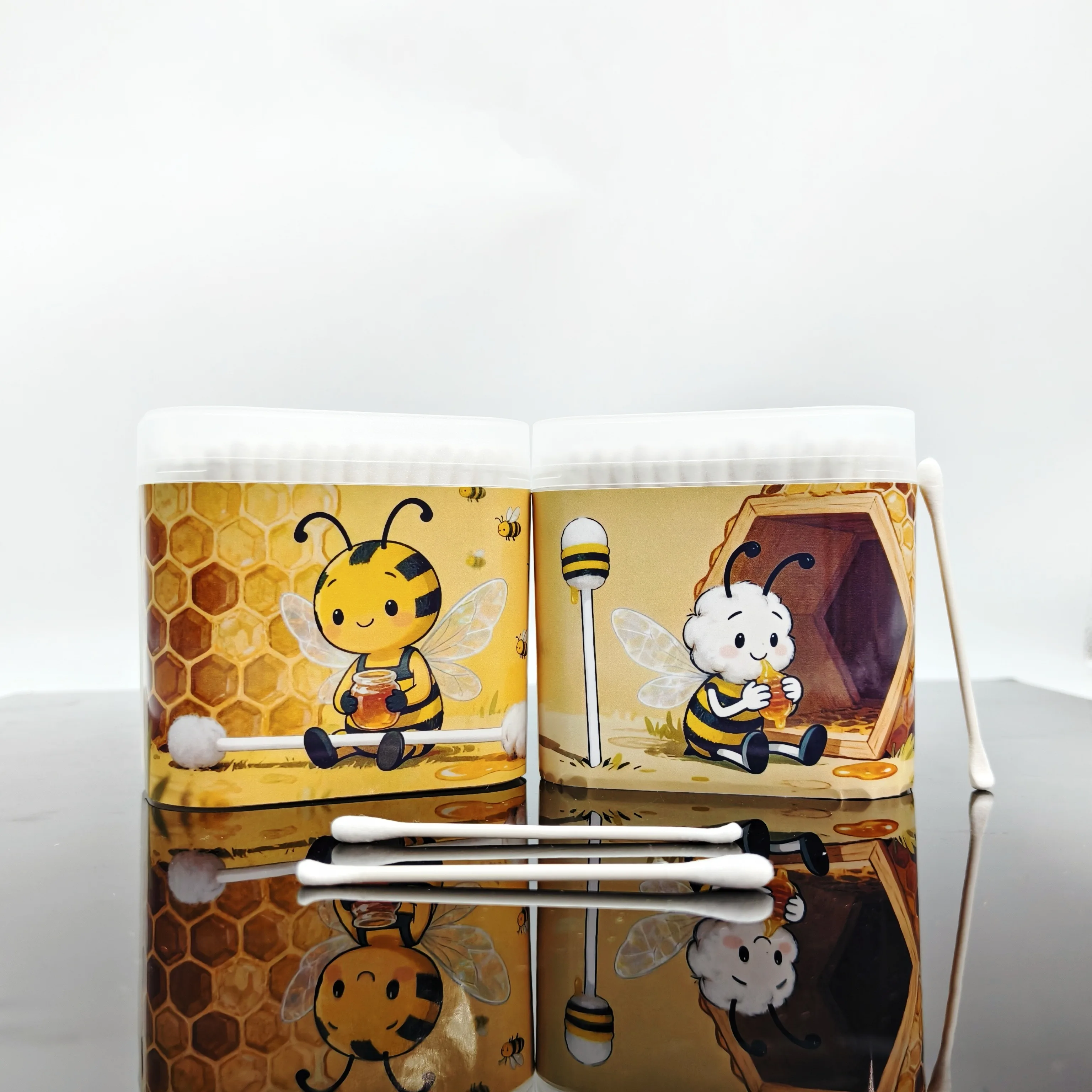 400PCS 귀여운 꿀벌 패턴 더블 헤드 면봉 스틱, 흰색 면봉, 성인용 면봉