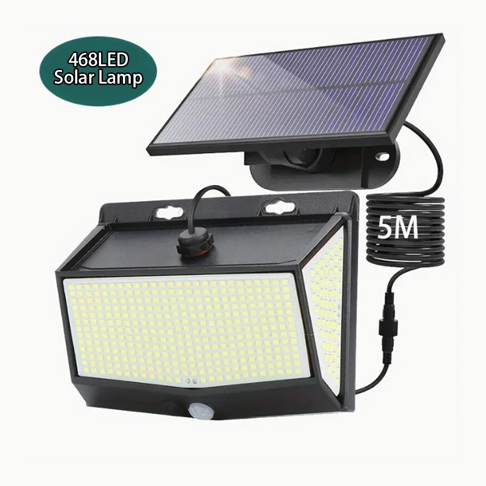 

Солнечный светильник с датчиком движения 468 LED, раздельная солнечная панель, 3 режима освещения, IP65, водонепроницаемый, для сада и двора