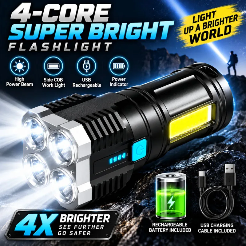 Handheld Super Bright 4-LED Flashlight  Torch with COB Side Light Battery Display Adjustable Lighting Modes for Camping Fishing