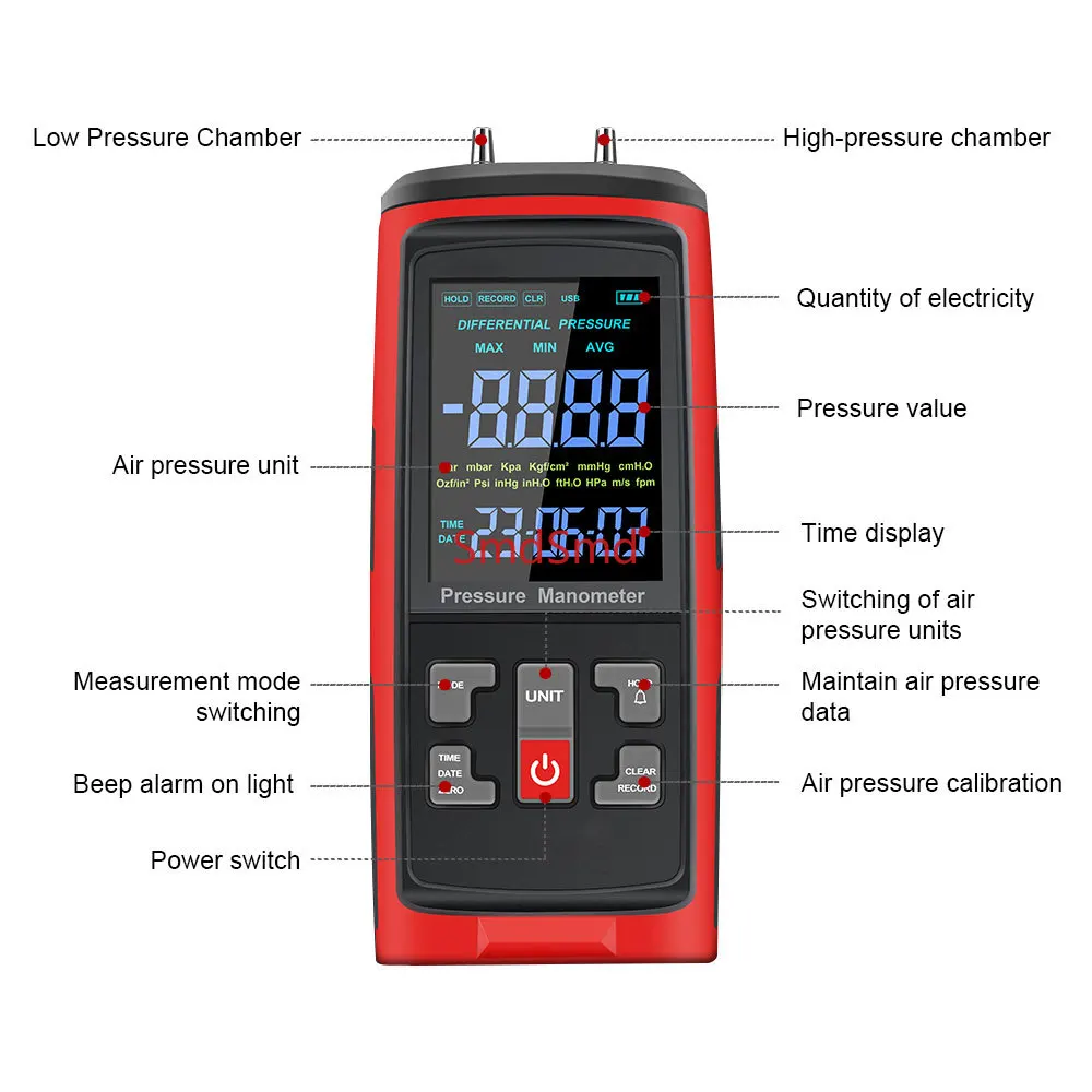 Differential Pressure Meter Pressure Meter ±500Pa LCD Backlit Display 2 Port Digital Manometer Air Pressure Gauge