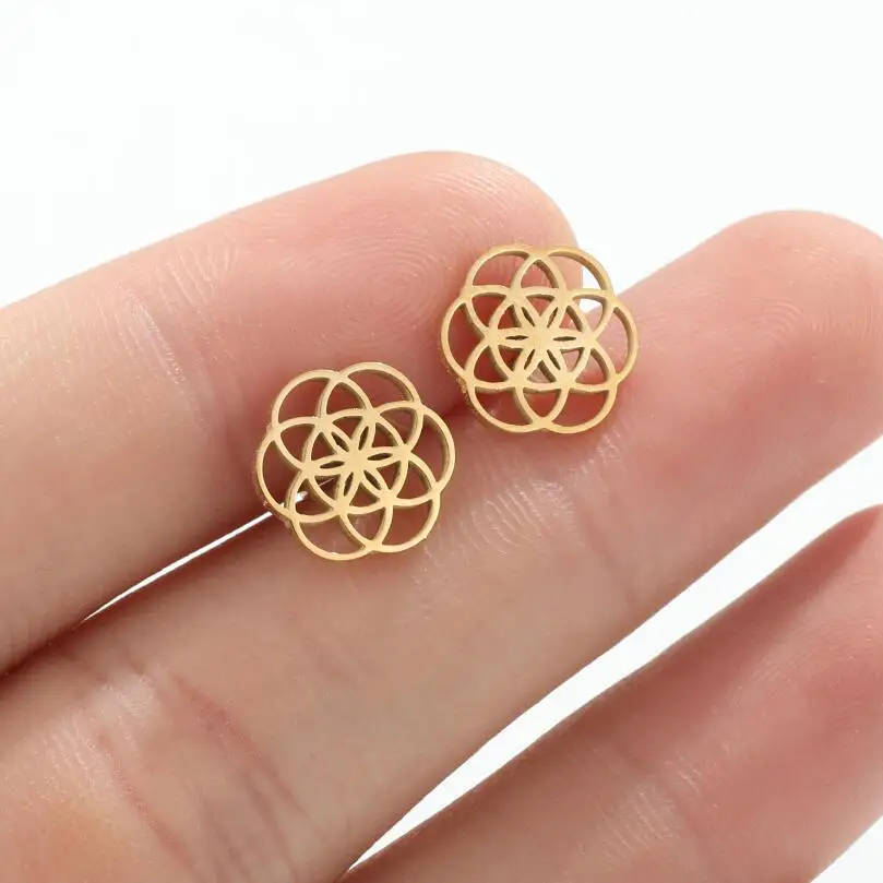 Jisensp Creative Fashion Flower of Life Stud Earrings Geometric Circle Stainless Steel Jewelry for Women Friendship Gift