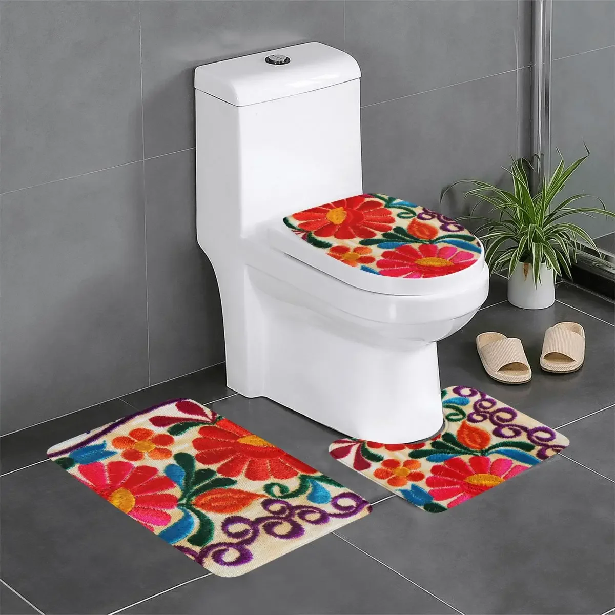 

Custom Mexican Flowers 3 Piece Bathroom Rugs Set Non-Slip Toilet Bath Mat Sets