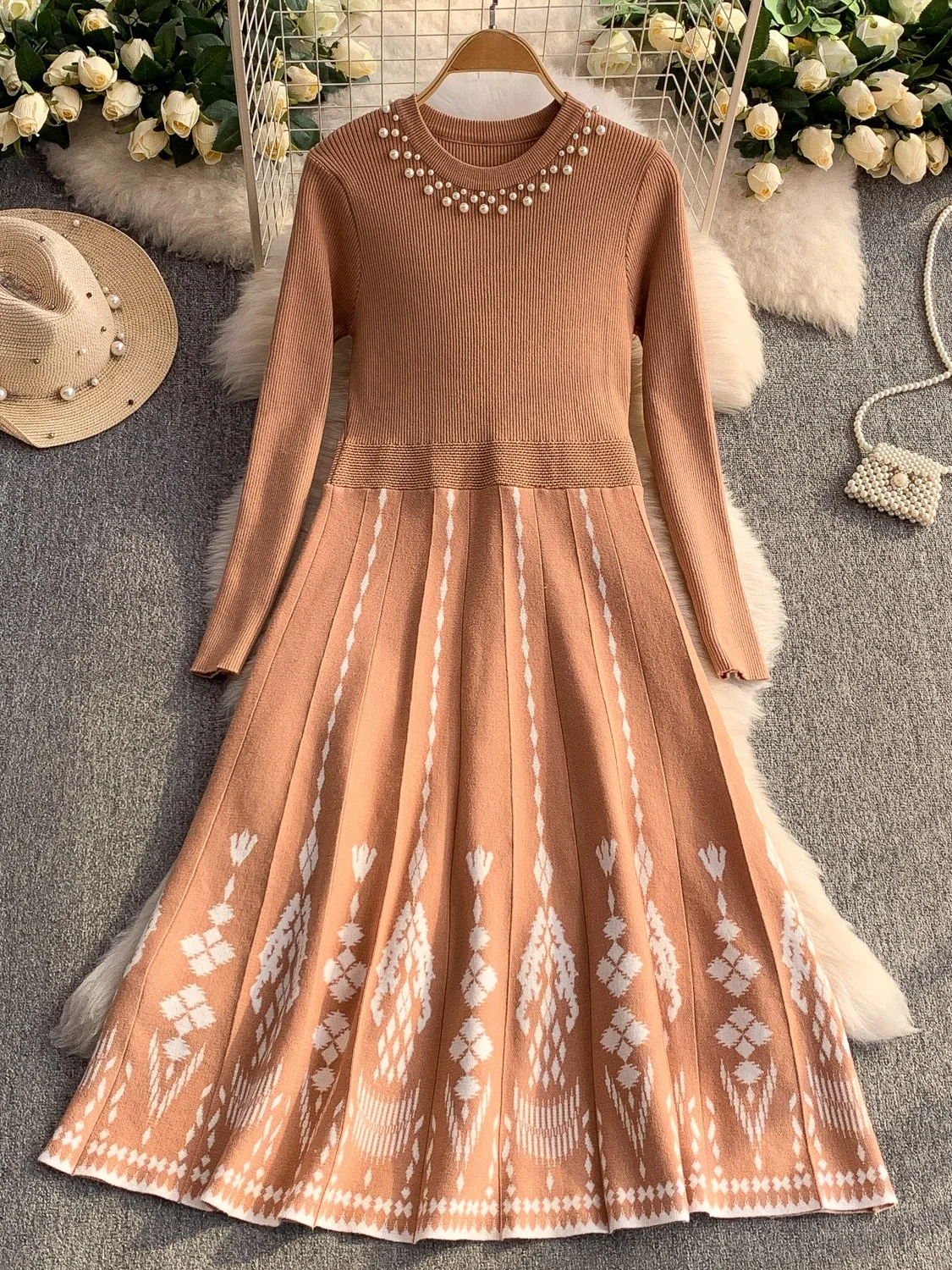 Ele Gestrickter langer Dr-Damen-Winter-Taillen-Cinching-Druck-Plissee-Maxikini-Pullover Dr High Ne Korean Sle Commute