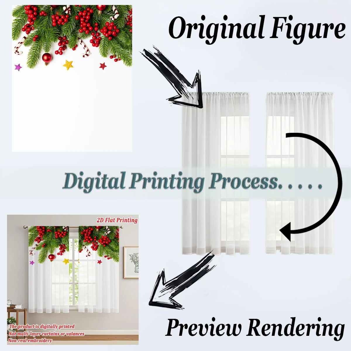 ستارة شفافة للمطبخ بطباعة مسطحة لعيد الميلاد مع فرع صنوبر بيري عيد الميلاد المجيد لحفلات ديكور المنزل في عيد الميلاد #5