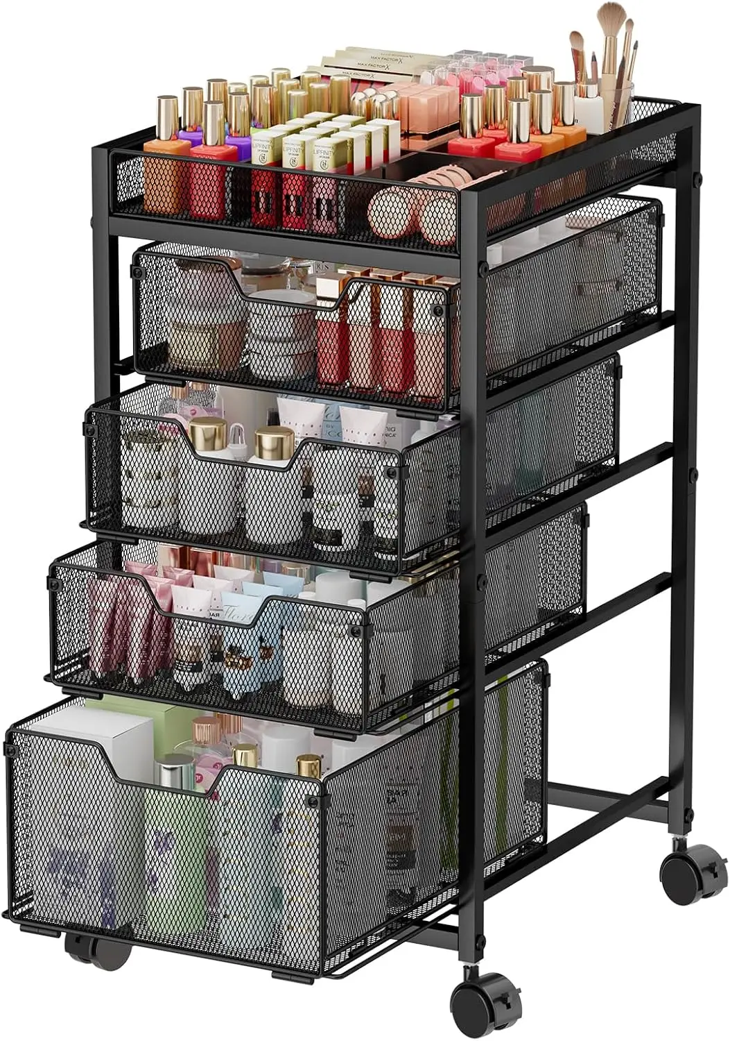 5-Tier Rolling Makeup Cart with 4 Drawers, Adjustable Dividers, Lockable Wheels for Cosmetics Storage