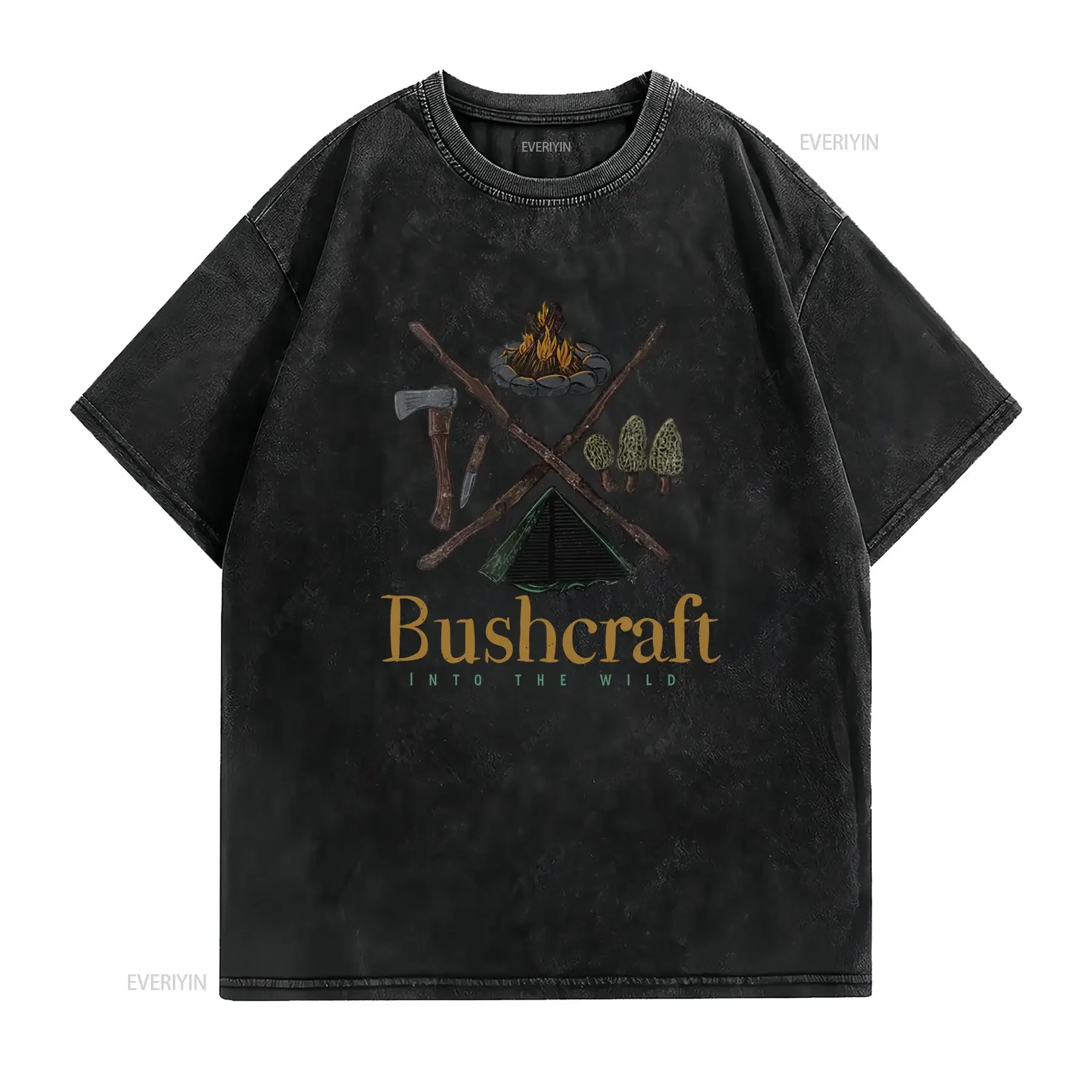 Vintage Bushcraft Into The Wild Campfire Axe Camping Print Casual T Shirt vintage Washed Stylish Slightly Soft streetwear - view 2
