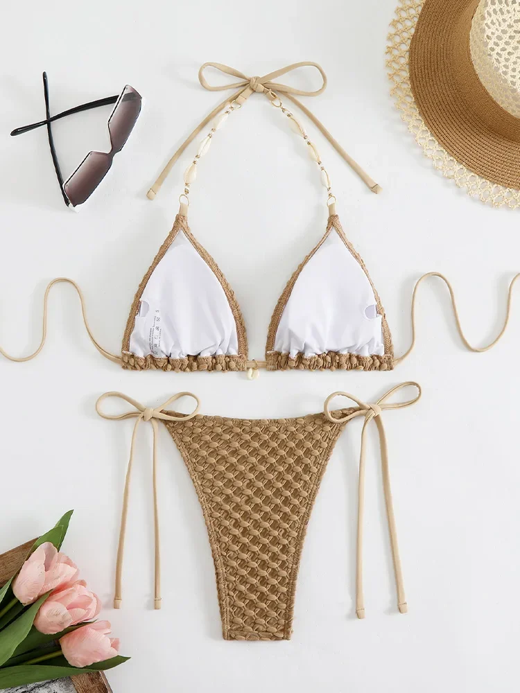 

UETEEY 2025 Новый летний купальник, комплект бикини, сексуальный коричневый комплект бикини на шнуровке, комплект из 2 предметов, женский разделенный купальник, пляжные бикини с открытой спиной