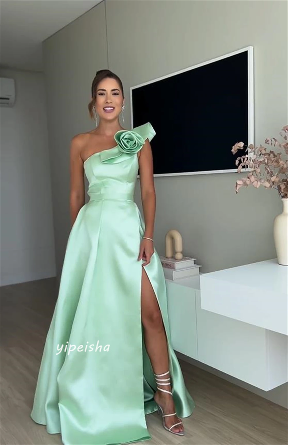 Galajurk Saudi Arabië Klassiek Moderne Stijl Formele Avond One-Shoulder Baljurk Bloemen Satijn Op Maat Gemaakte Gelegenheidsjurken