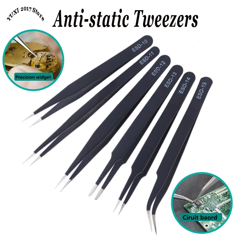 Anti-static ESD Stainless Steel Tweezers Maintenance Tool Industrial Precision Curved Straight Tweezers Repair Tools Set