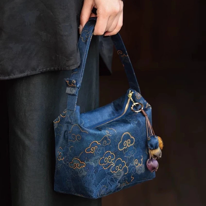 3pcs Shoulder Bags Silk Cloud Printing Blue Pillow Shaped Handbag
