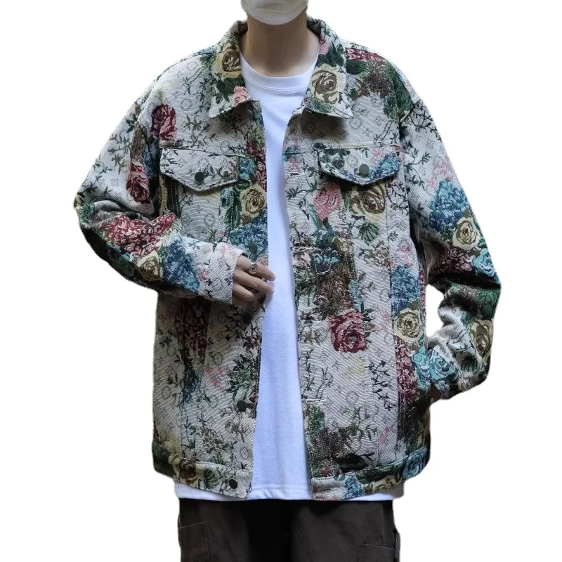 American Retro Floral Cargo Jacket Men Outerwear Hip Hop Streetwear Fashion Flower Print Windbreaker Harajuku Casual Coats Men