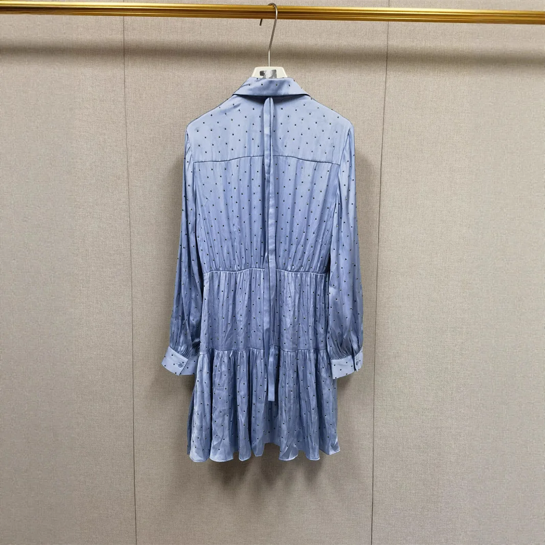 【هدية مجانية】أنيقة 2025 أوائل الخريف موضة جديدة حجر الراين مزين ربطة القوس فيونكة قميص طوق فستان المرأة