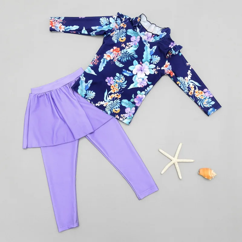 Kids Swimsuits For Girls 2023 2 Piece Set Flower Print Long Sleeve Shirt 2 In1 Princess Skirt Pants Children Bathing Suit Beach