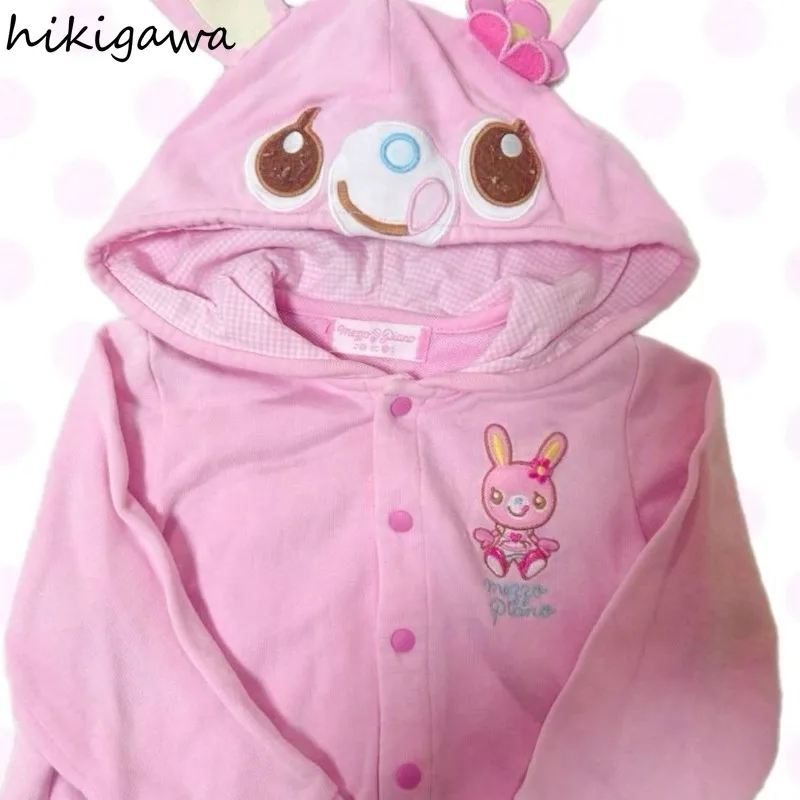 سترة يابانية لطيفة ملابس نسائية مطرزة على شكل أذن أرنب بقلنسوة واحدة الصدر Y2k معاطف عصرية غير رسمية معاطف حلوة Ropa Mujer #3