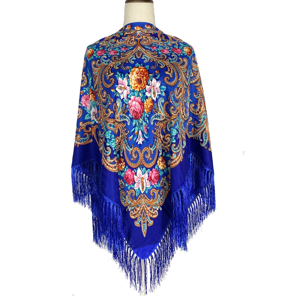 135*135 Russian National Square Scarf Women Luxury Floral Print Fringed Ukrainian Shawl Babushka Handkerchief Head Wraps