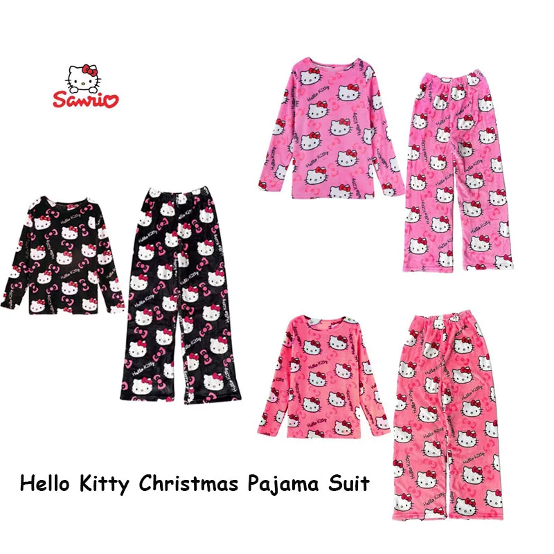 New Sanrio Hello Kitty Cartoon Pajama Pants Suit Kawaii Y2K Men Women Flannel Winter Keep Warm Home Pajama Set Christmas Gift