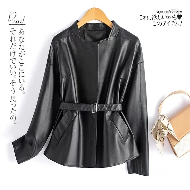 2026 primavera outono casaco de couro do plutônio feminino elegante moda o-pescoço casaco feminino roupas da motocicleta com cinto fino outerwear b1476