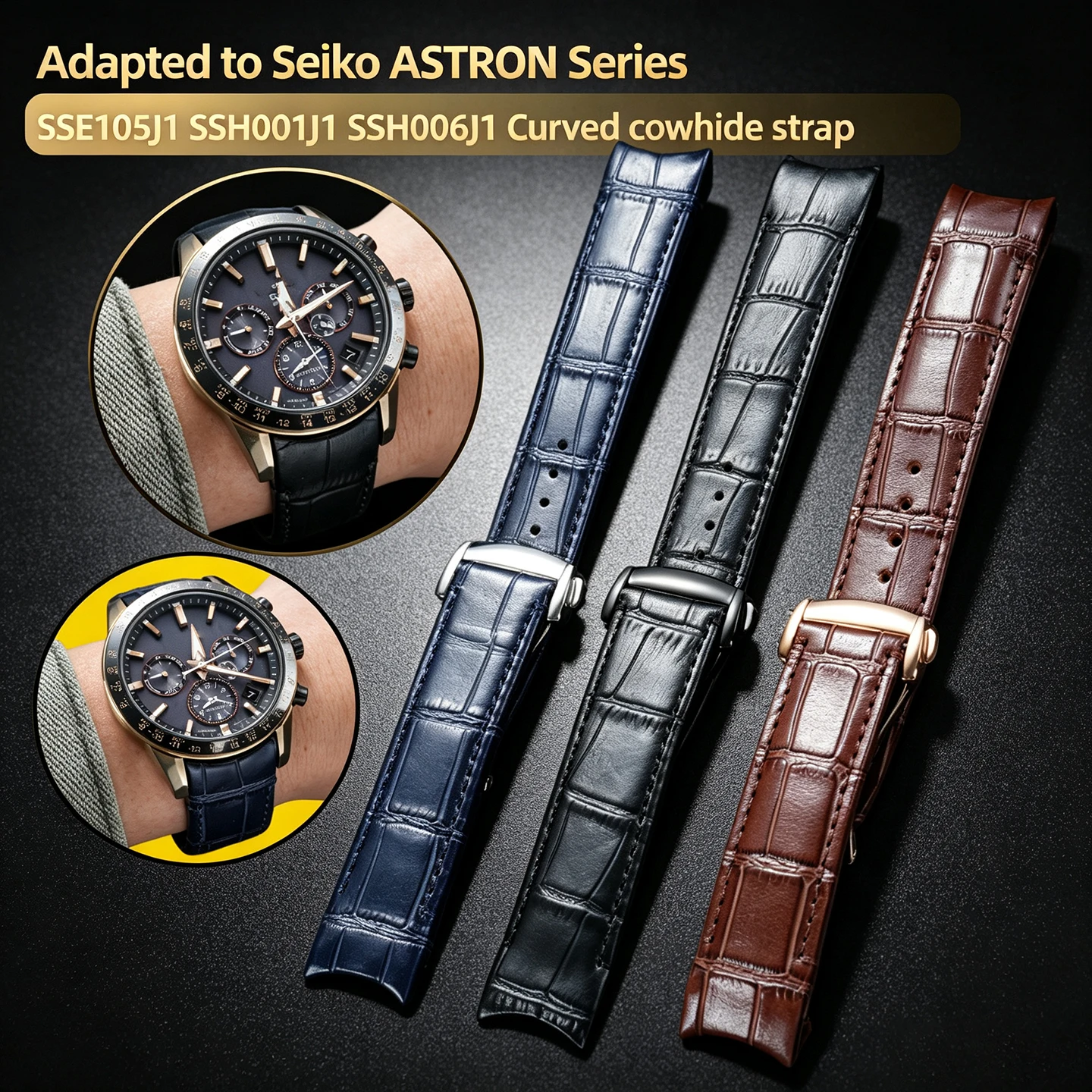 21mm Curved End Genuine Cowhide Leather Watch Strap For SEIKO ASTRON SSE105J1 SSH001J1 SSH006J1 Folding Buckle Replacement Band