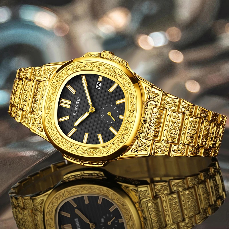BANGWEI New Golden Square Watch Men Fashion Stainless Steel Waterproof Men Quartz Wristwatch Casual Sports Men's Watches
