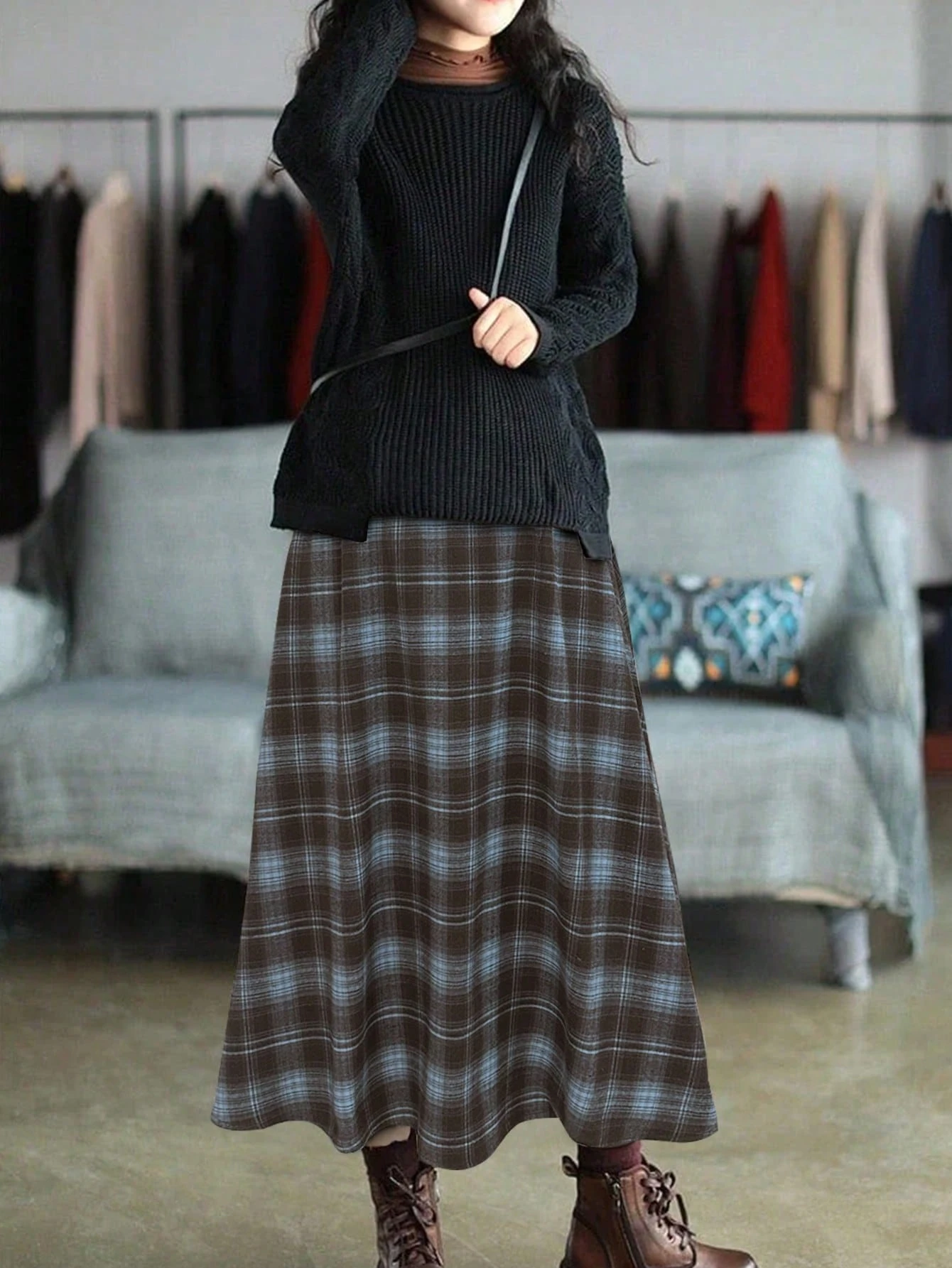 Rok A-line kotak-kotak vintage - Coffee Tea Weight Loss ulasan dan harga