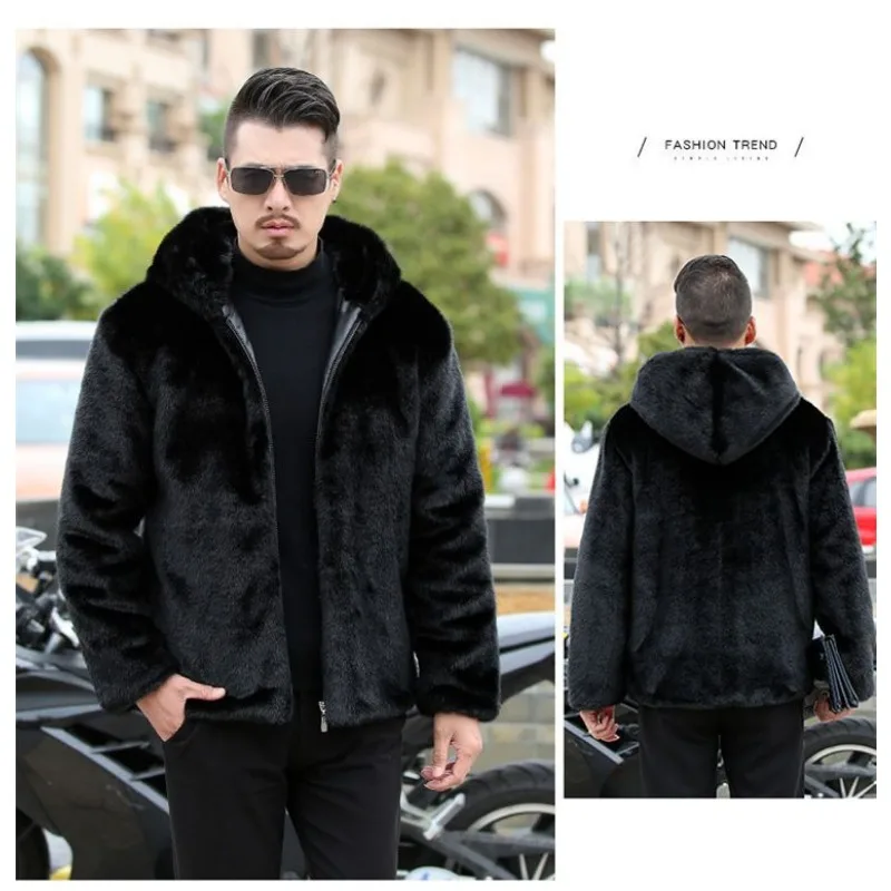 2023 Winter Wear Thickened  Collar Men's Faux Leather Plush Jacket European Station Fur One Piece  Collar European and American