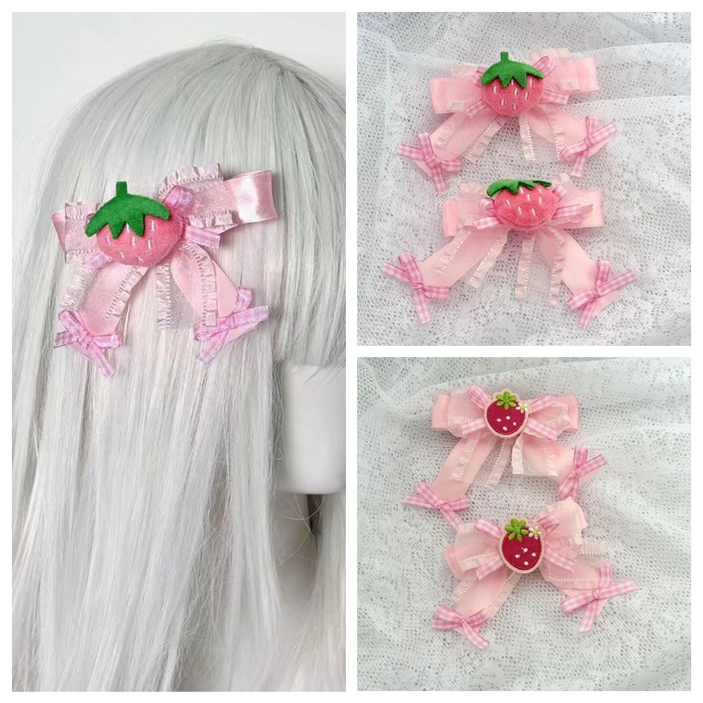 딸기 헤어 클립 달콤한 그리드 리본 패션 활 바레트 로리타 소녀 어린이 아기 유행 한국 액세서리 머리 장식