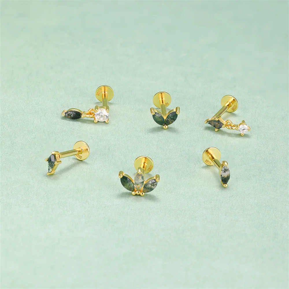 CANNER 1Pc 925 Silver Simple Horse Eye Natural Water Grass Round Surface Stud Earrings For Women 18K Gold Green Moss Ins Jewelry