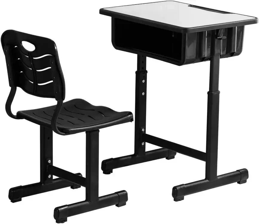 Student Desk and Chair Combo, Height Adjustable School Desk and Chair Workstation with Drawer, Pencil Grooves and Hanging Hooks