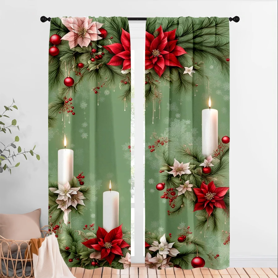 2PCS Christmas Winter Curtains, Poinsettia Candle Pine Branch, Digital Print, Bedroom Living Room, Home Decor Window Drapes