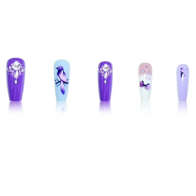 24 ชิ้นเล็บปลอม Stick น่ารัก Feathered Sparrow เล็บบัลเล่ต์กดบนเล็บชุด Charms เล็บปลอมสําหรับติด