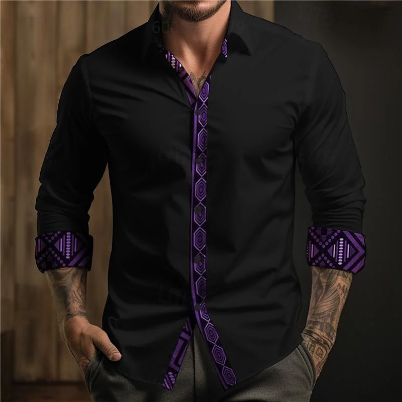Men's tribal ethnic button down shirt bohemian holiday street jockey spring summer lapel shirt yellow blue purple fuchsia orange