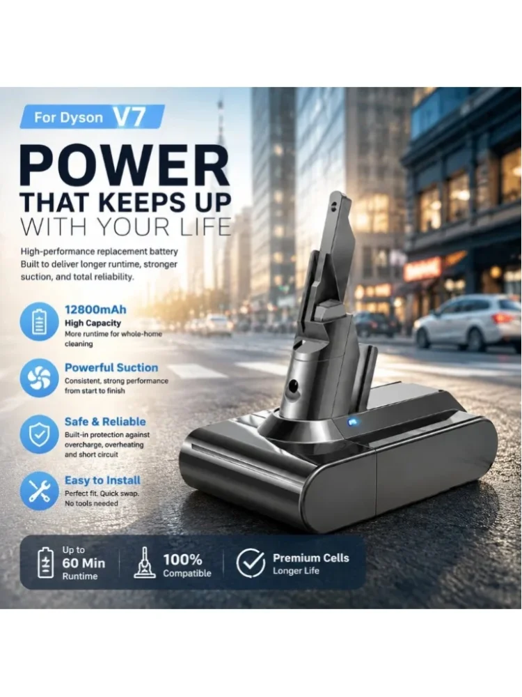 Ersatzakku für Dyson V7 SV11, 12800mAh 21,6V Li-Ionen-Akku, kompatibel mit V7 Animal, Absolute, Motorhead, Fluffy, Trigger, extra bis zu 60 Minuten Laufzeit.