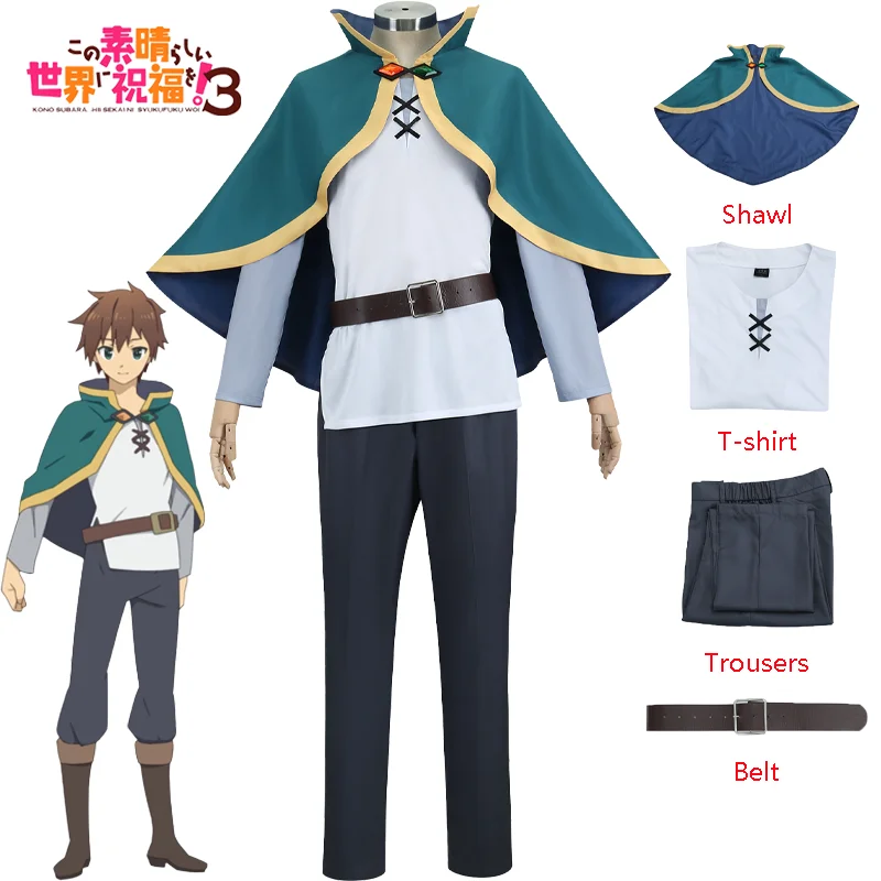 Satou Kazuma Cosplay Costume pour homme, bénédiction de Dieu sur ce monde merveilleux, châle et chemise FJFull Set, fête d'Halloween trempée