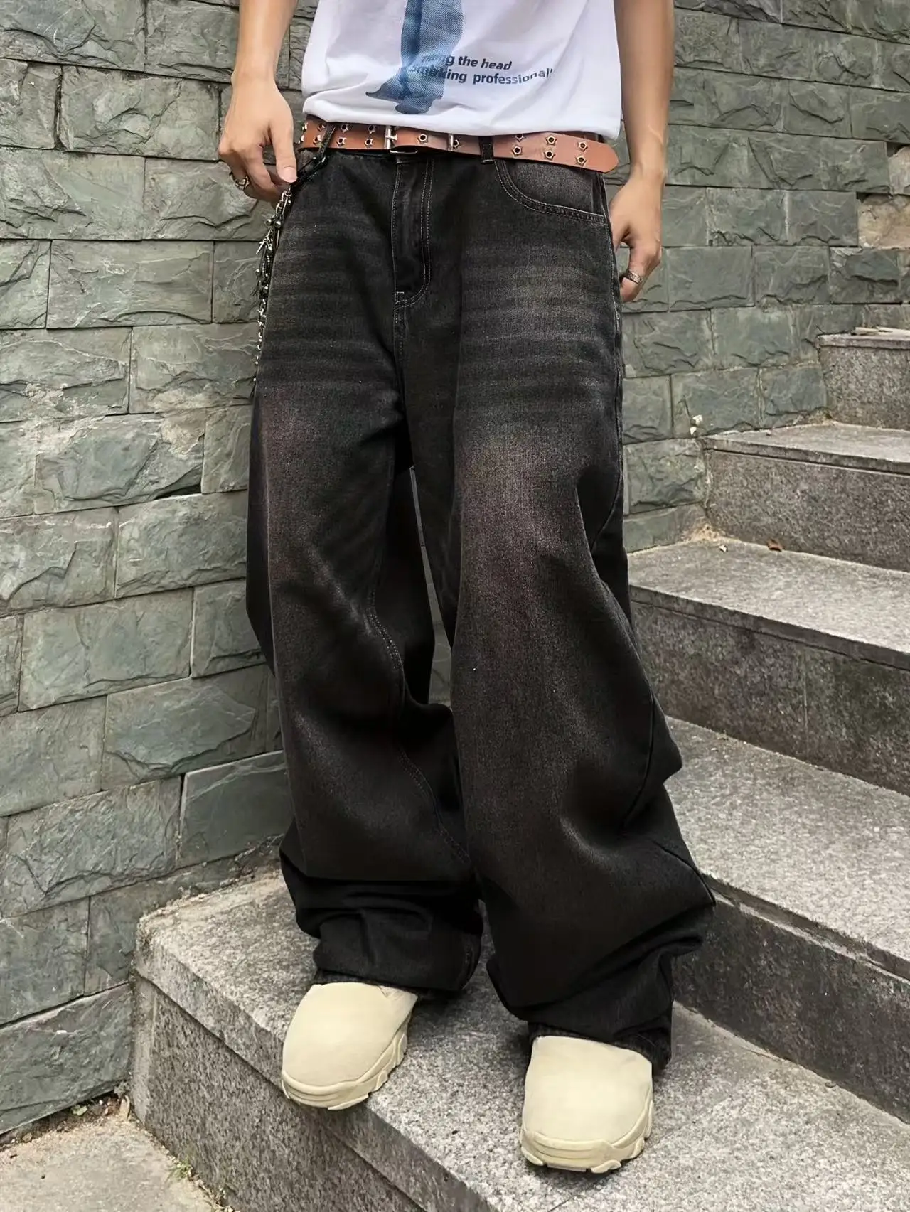 Men's Vintage Distressed Washed Loose Floor-Length Denim Pants Baggy Jeans