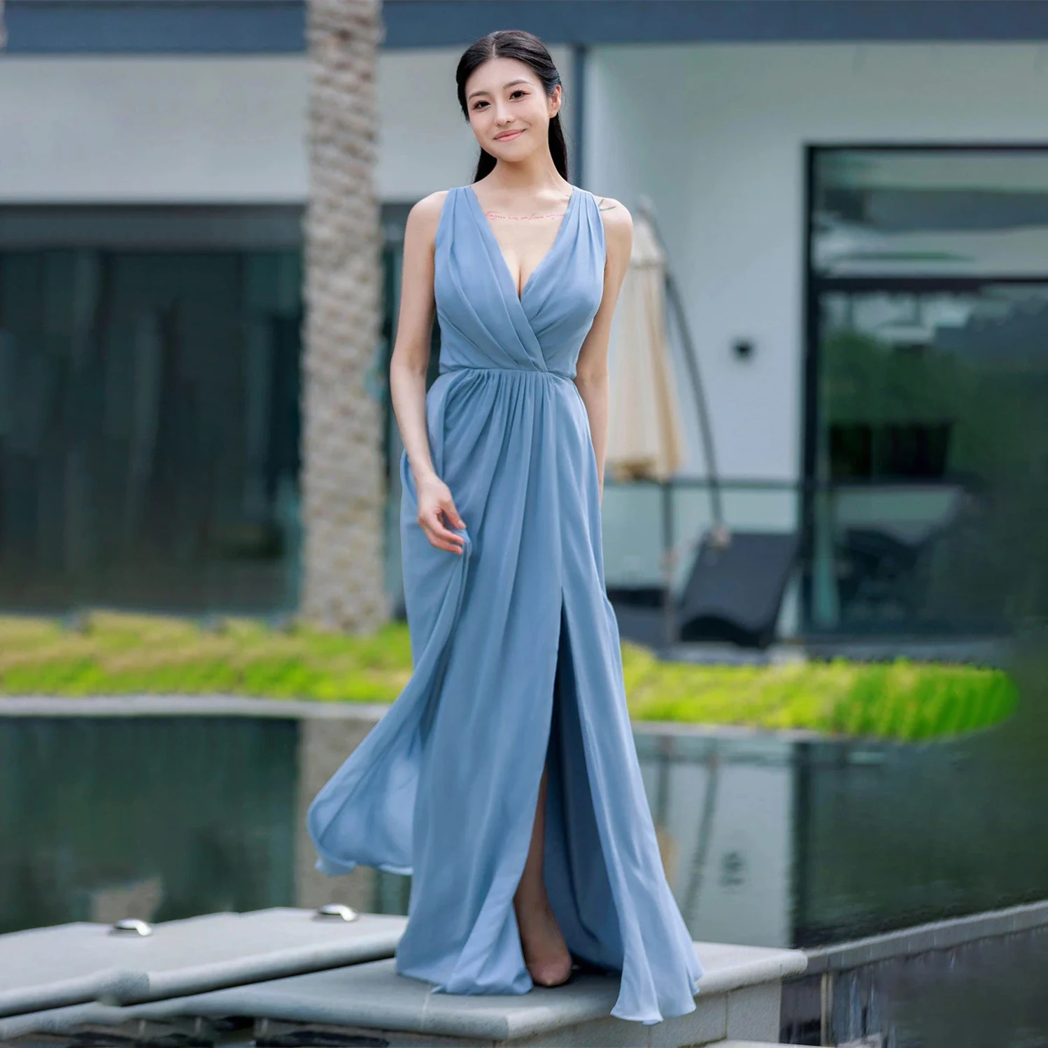 

Evening Dresses Prom Dresses V Neck Pleated Dress Front Split Formal Gown Chiffon Draped Exquisite 2025 Cocktail Dress for Women