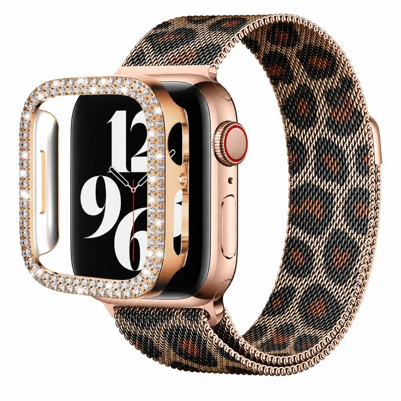 Milanese Loop+ Case for Apple Watch Band 44mm 45 40 41 42 38mm Diamond Cover+Leopard Bracelet iWatch Series 9 8 7 se 6 5 4 Strap