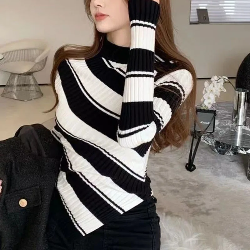 Women's mid-turtleneck striped sweater, multi-functional top, fashion top, simple, casual, long-sleeved knitwear, and Autumn,