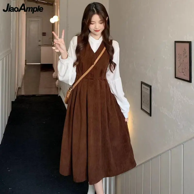 

Women's Spring Autumn Shirt Corduroy Overall Dress Two Piece Set 2023 New Korean Preppy Style Lady Blouse Tank Dresses Outfits