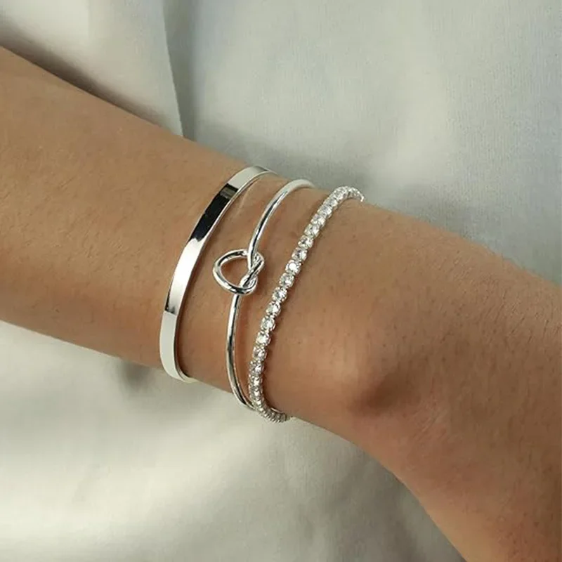 3pcs Stainless Steel Stack Cuff Bracelets for Women 14K Silver Plated Adjustable Jewelry Gifts Luxury CZ Chain Love Knot Bangles