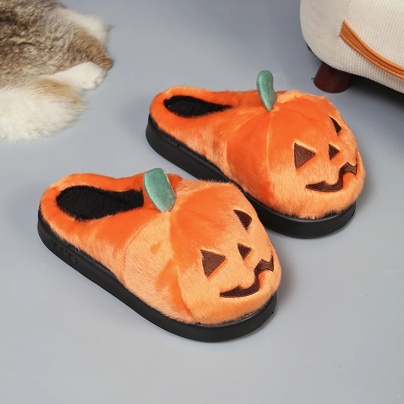 Halloween 3D-Kürbis-Plüsch-Hausschuhe für Damen, Winter-Plateau-Pantoletten, rutschfeste, flauschige Fell-Slides für drinnen, Unisex, für Feiertage und Partys – Detail 16