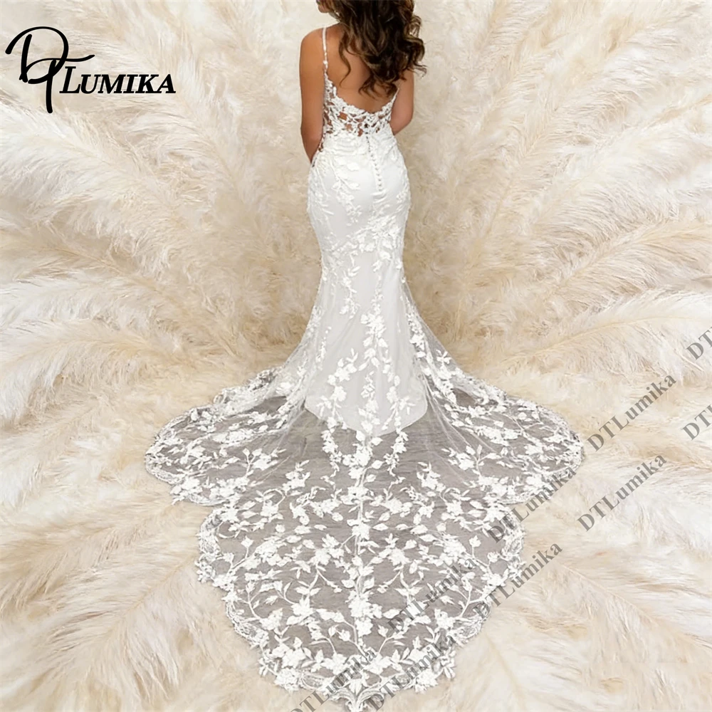 Sheer Lace Tail Wedding Dress for Women with Spaghetti Straps Mermaid Long Bride Dresses Customized Bridal Gown