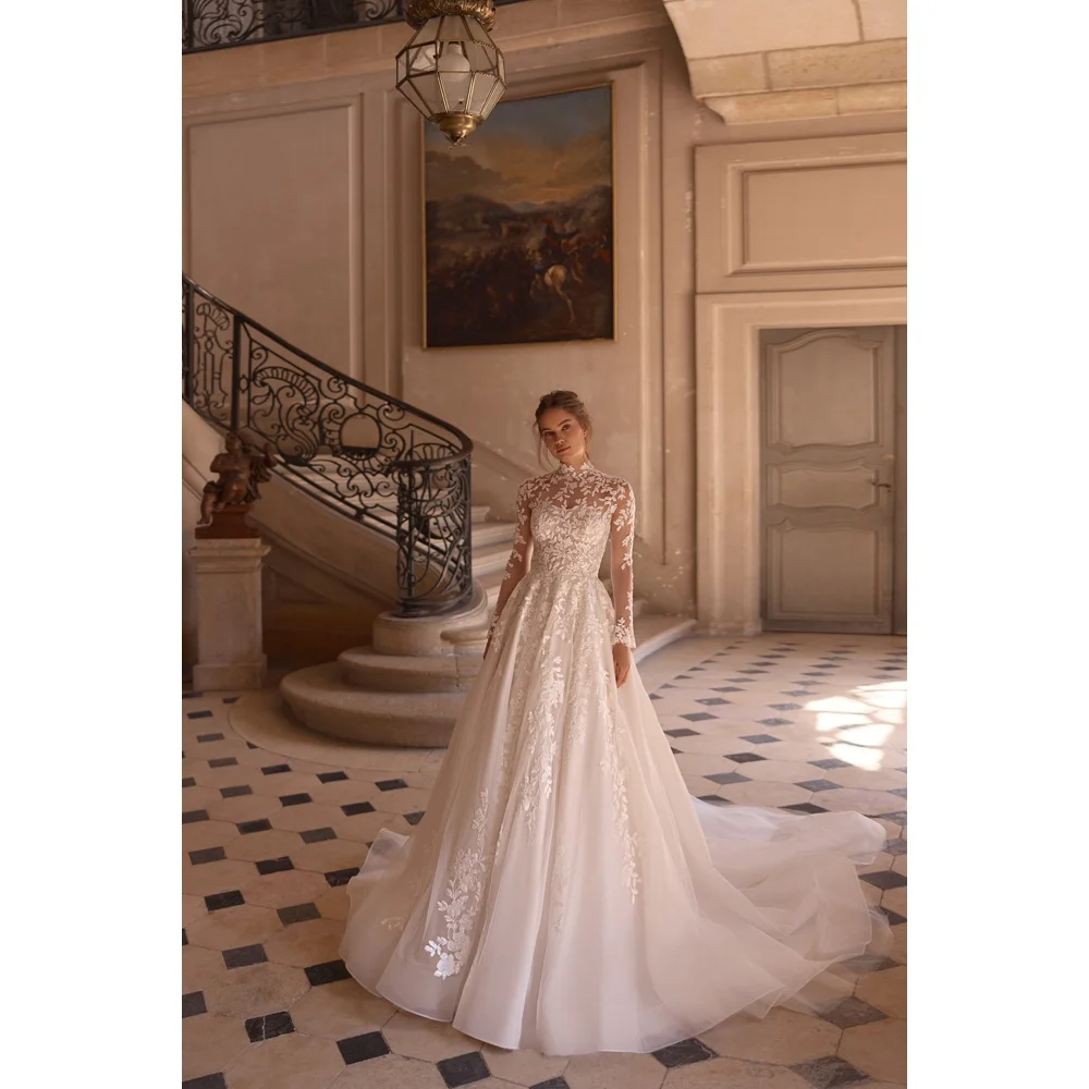 Arabisches Hochzeitskleid, maßgeschneidert, hoher Kragen, lange Ärmel, exquisites Ballkleid, Brautkleid, Hofschleppe, arabische Brautkleider